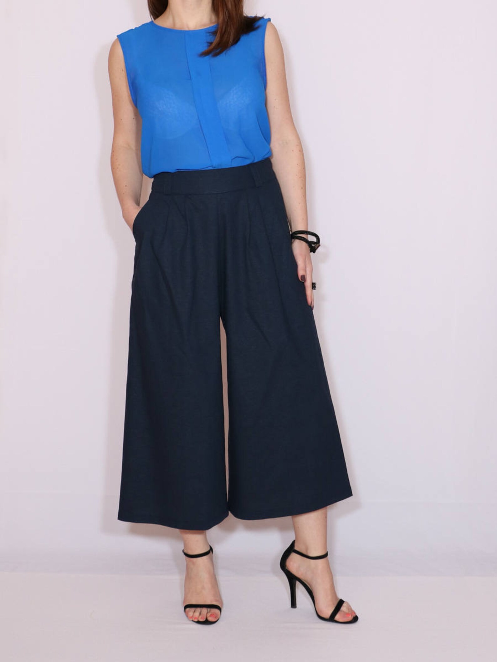 Navy blue linen culottes with pockets | Etsy