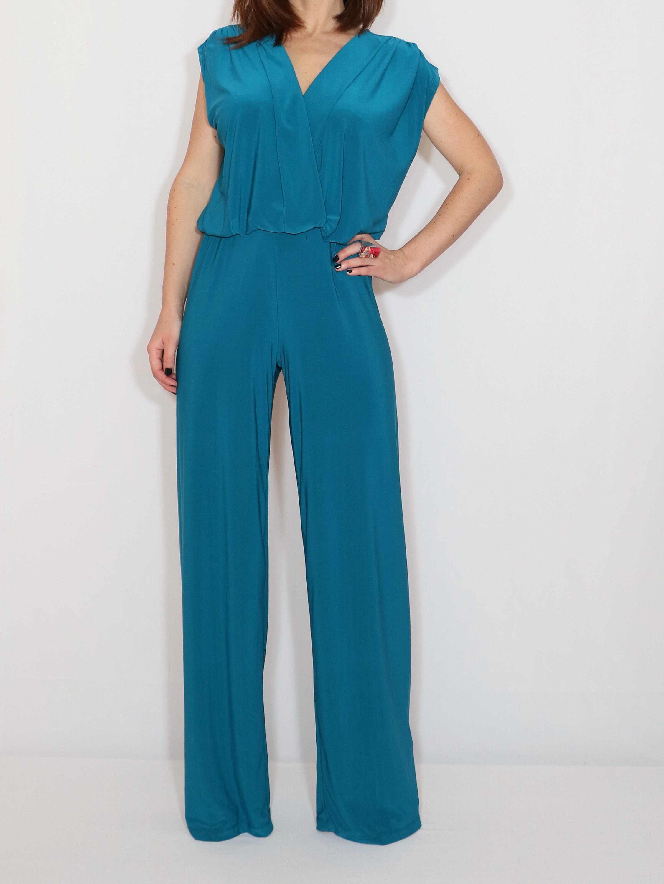 Teal blue wide leg jumpsuit women Blue sleeveless jumpsuit Etsy