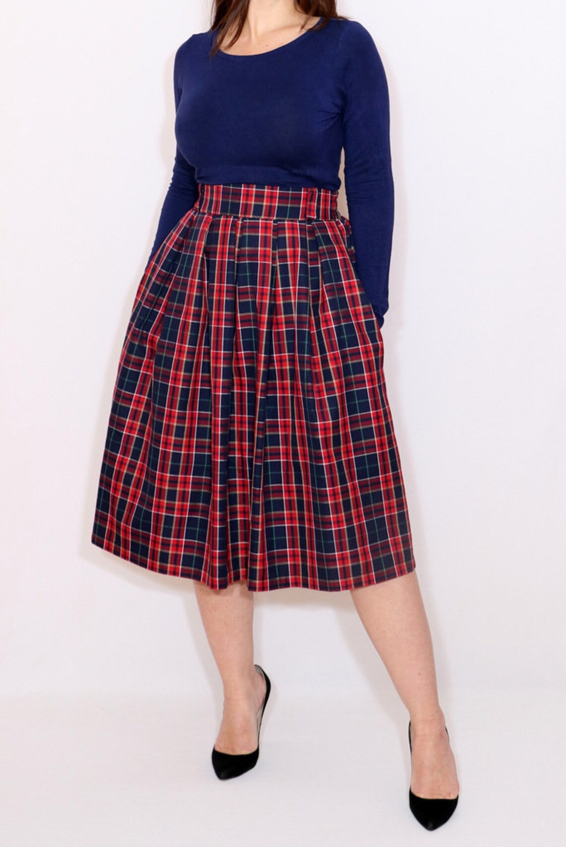 Navy blue tartan midi skirt with pockets high waist plaid Etsy