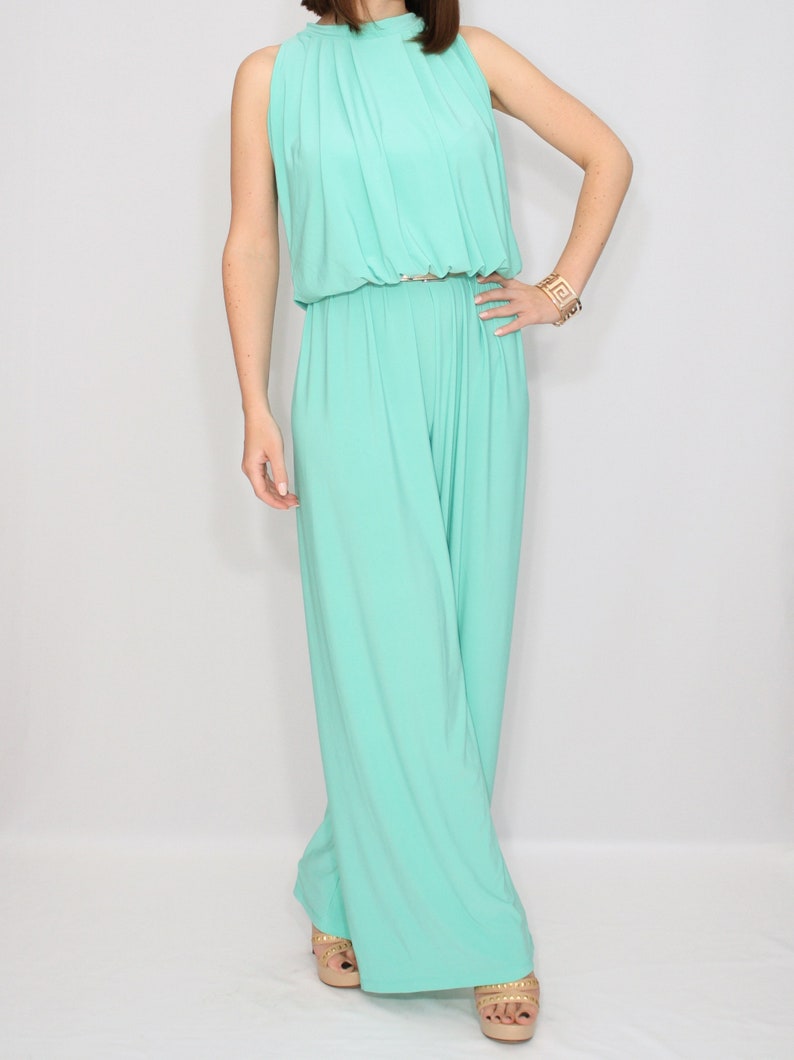 Mint green wide leg jumpsuit women Mint green halter jumpsuit Etsy