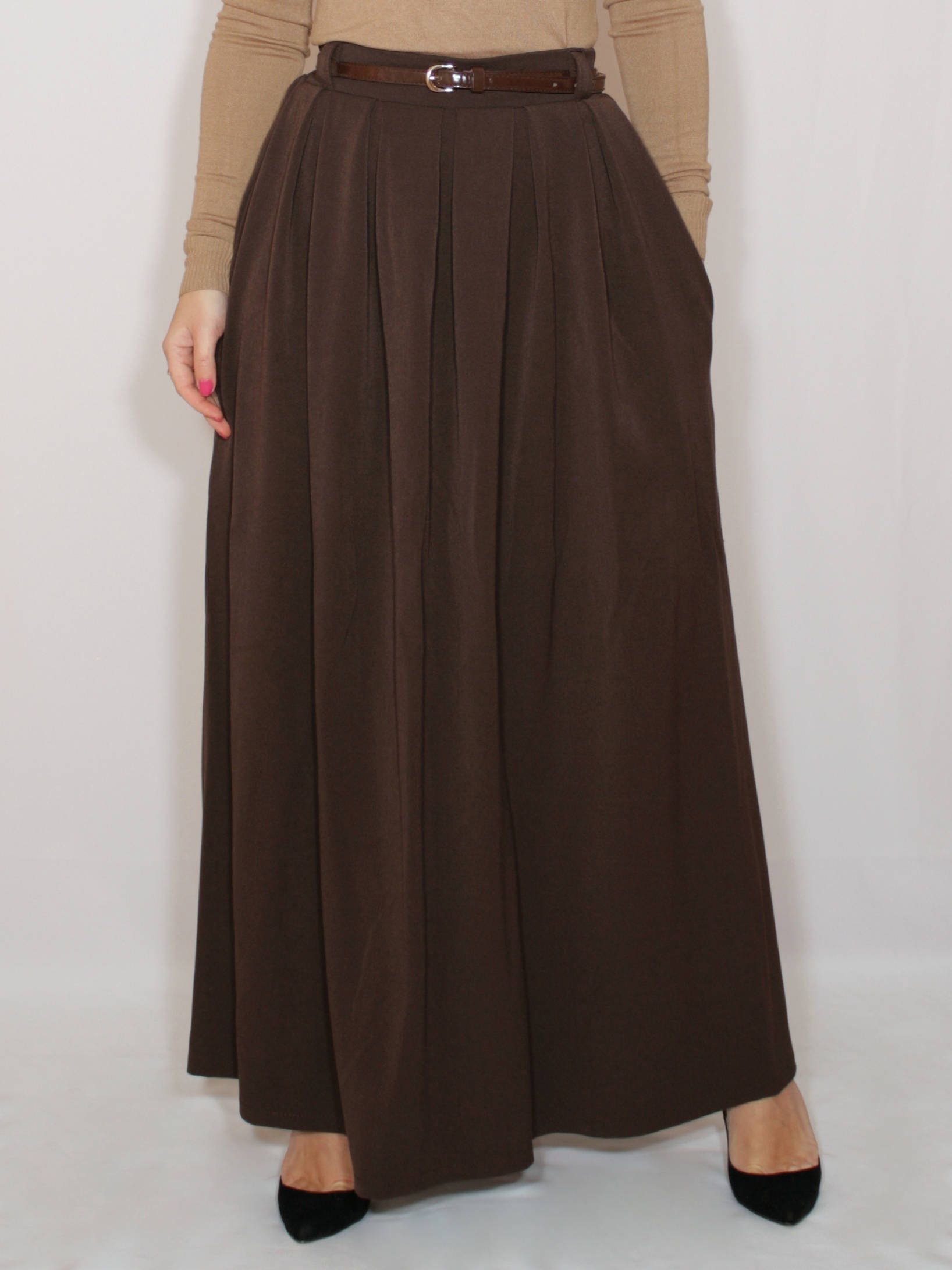 Brown long skirt with pockets maxi skirt high waist skirt Etsy