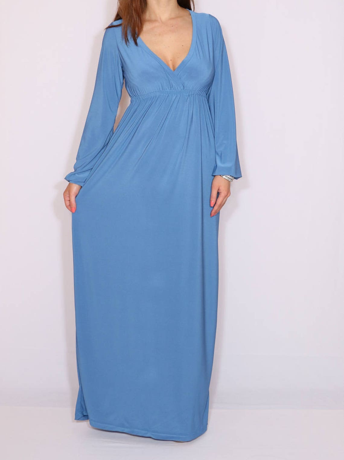 Dusty blue dress Maxi Long sleeve dress Women Empire wast Etsy