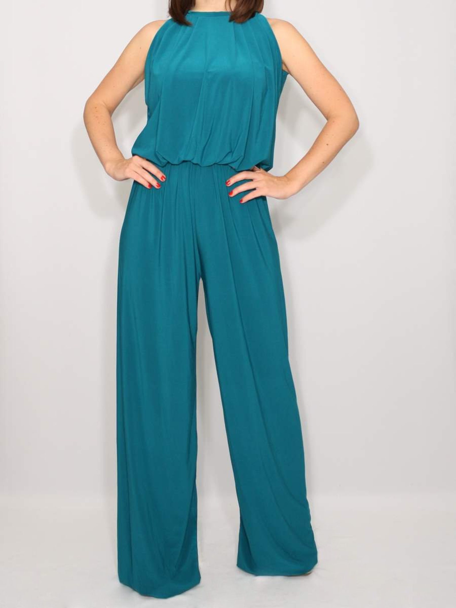 Teal jumpsuit women wide leg jumpsuit halter top jumpsuit Etsy