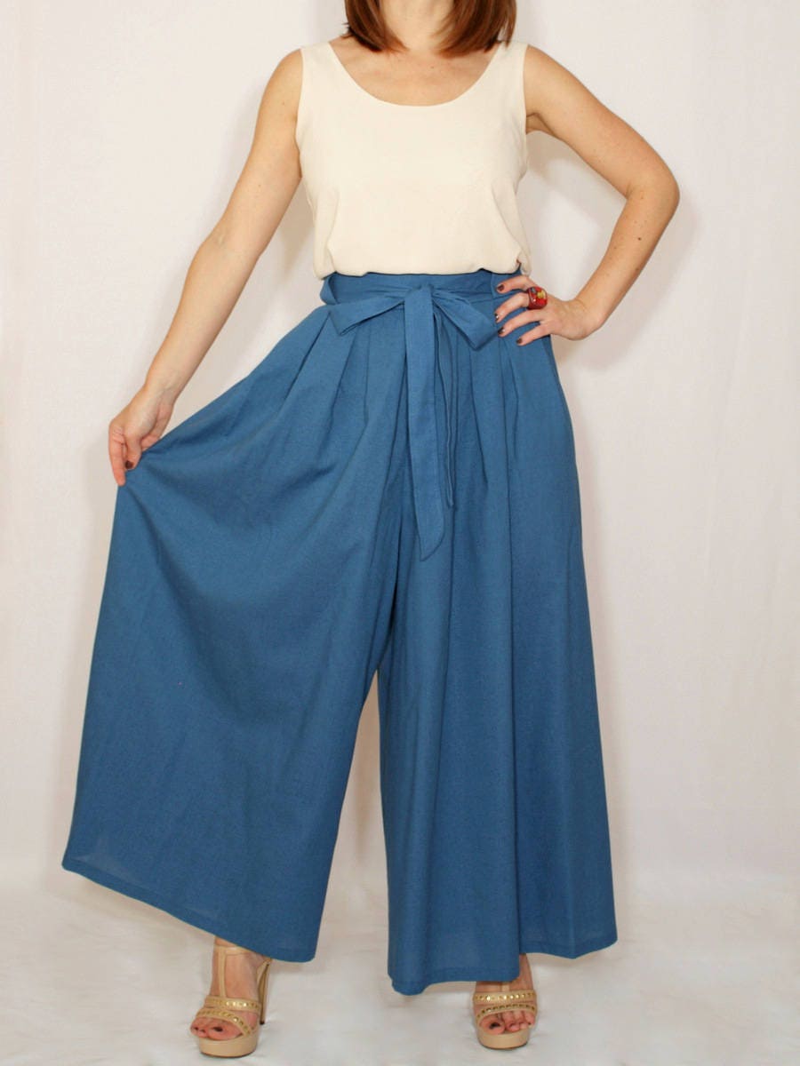 Blue linen pants Palazzo pant skirt High waist trousers | Etsy