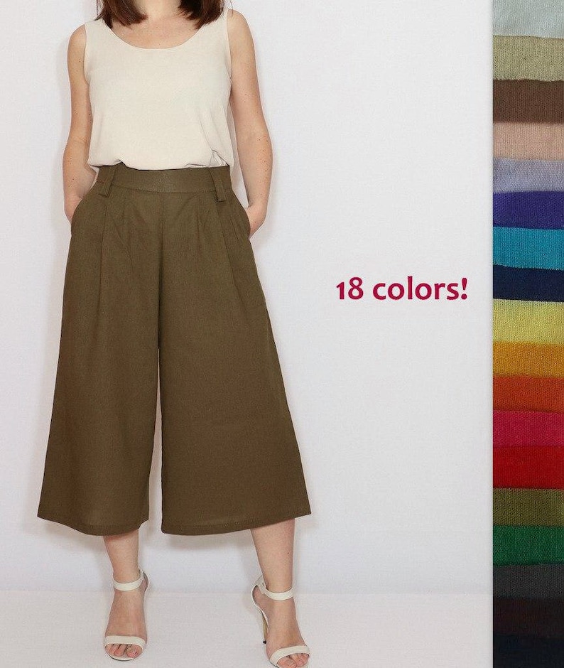 Vintage Wide Leg Pants & Beach Pajamas History     Khaki pants with pockets army green culottes  linen pants $64.00 AT vintagedancer.com