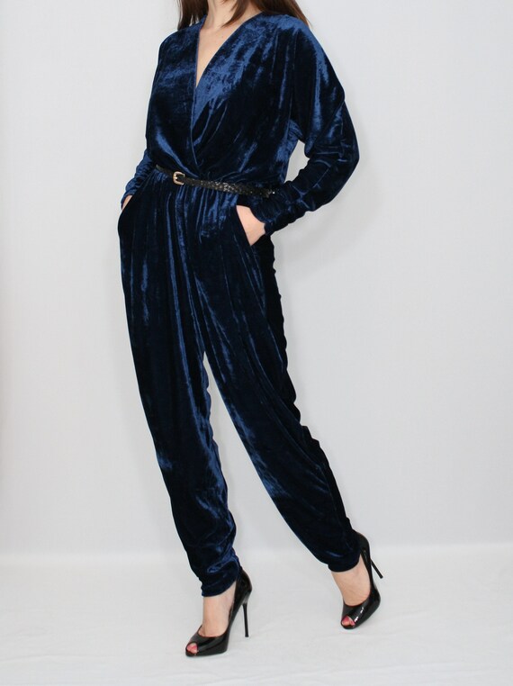 navy blue velvet jumpsuit