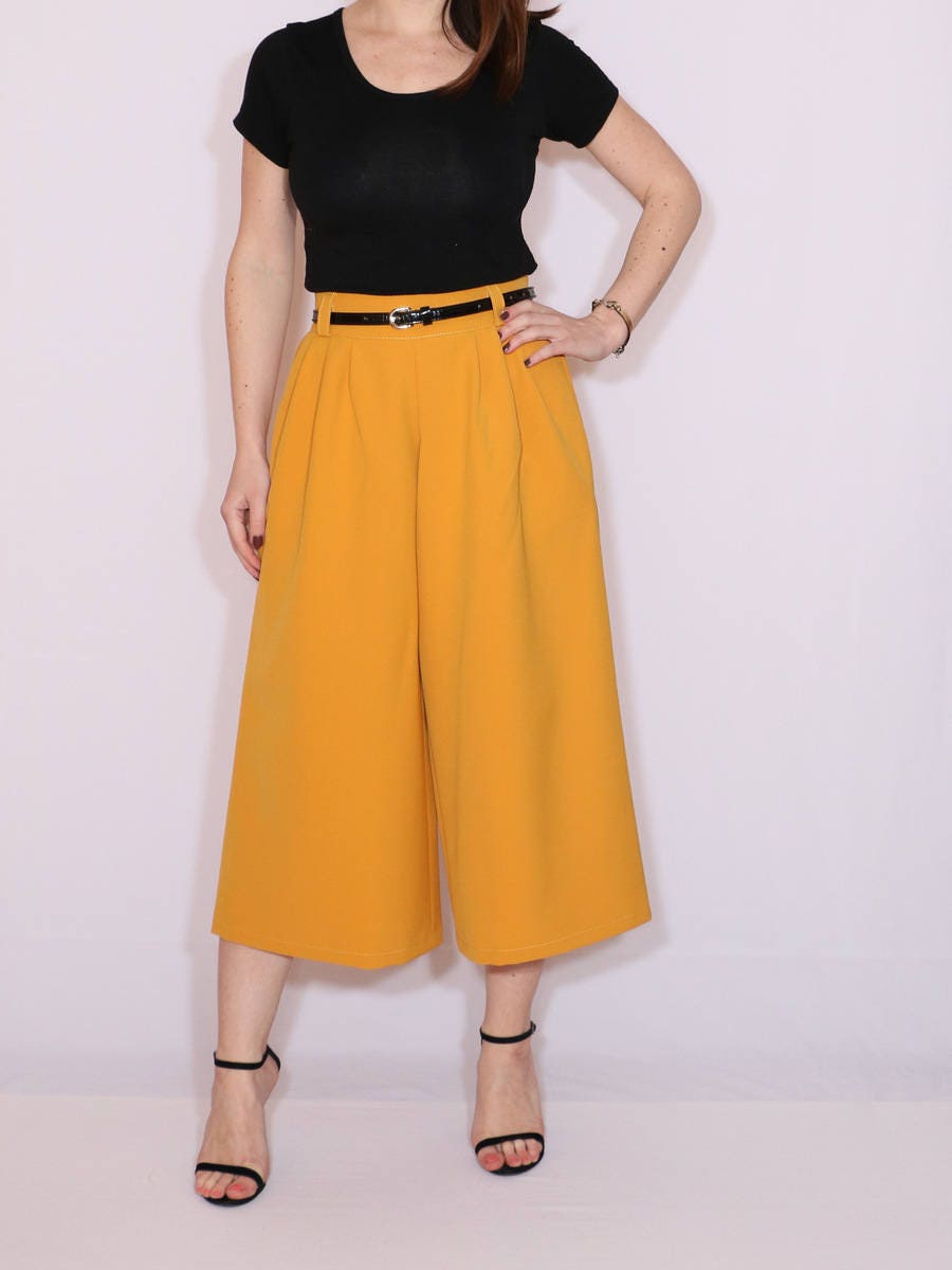 Mustard yellow pants Culottes High waist with pockets Mid calf | Etsy