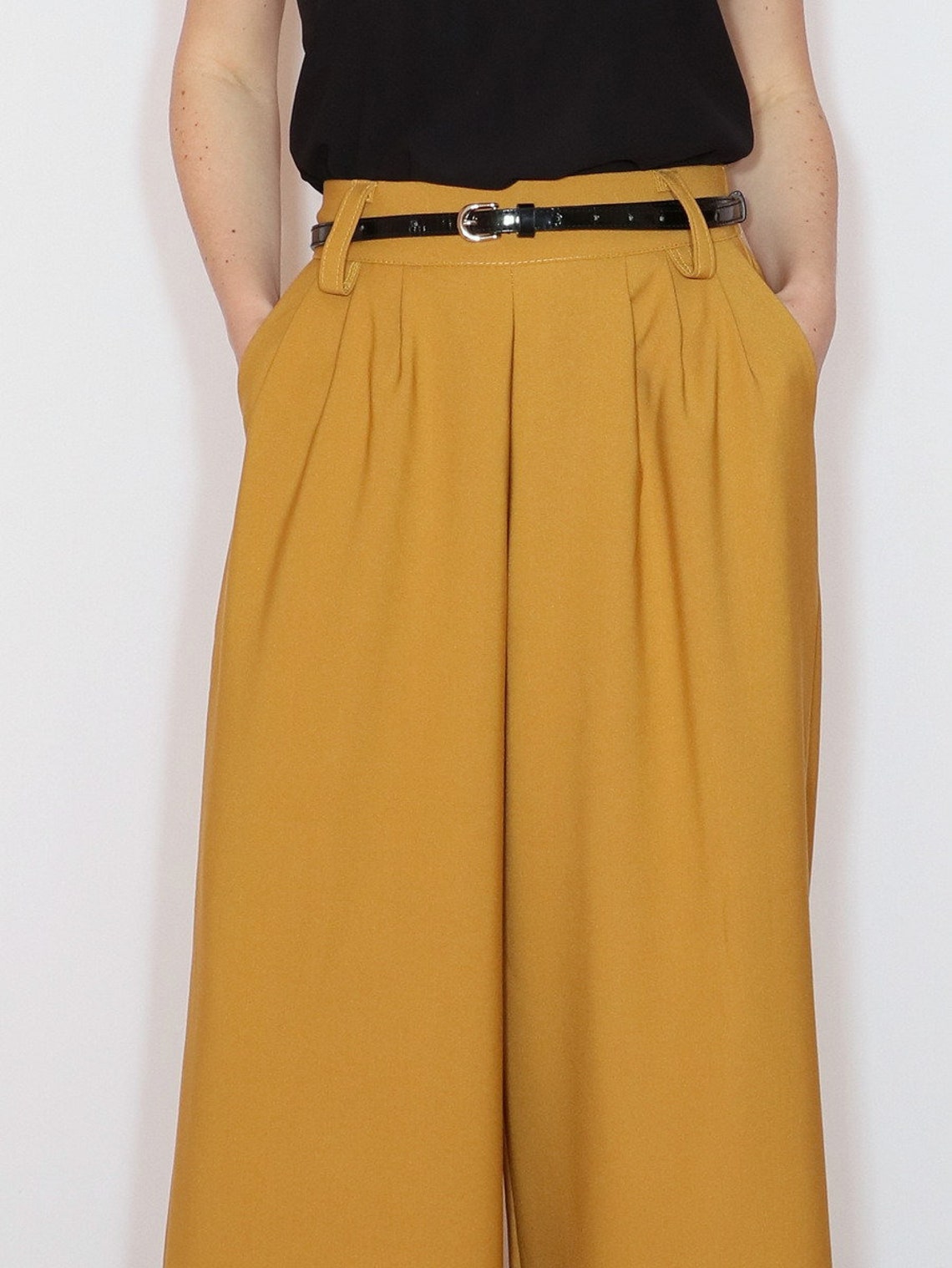 Mustard yellow wide leg pants with pockets Etsy