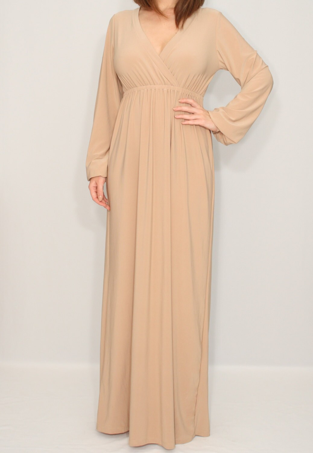 Long sleeve maxi dress Tan dress Empire waist dress Women Sand Etsy