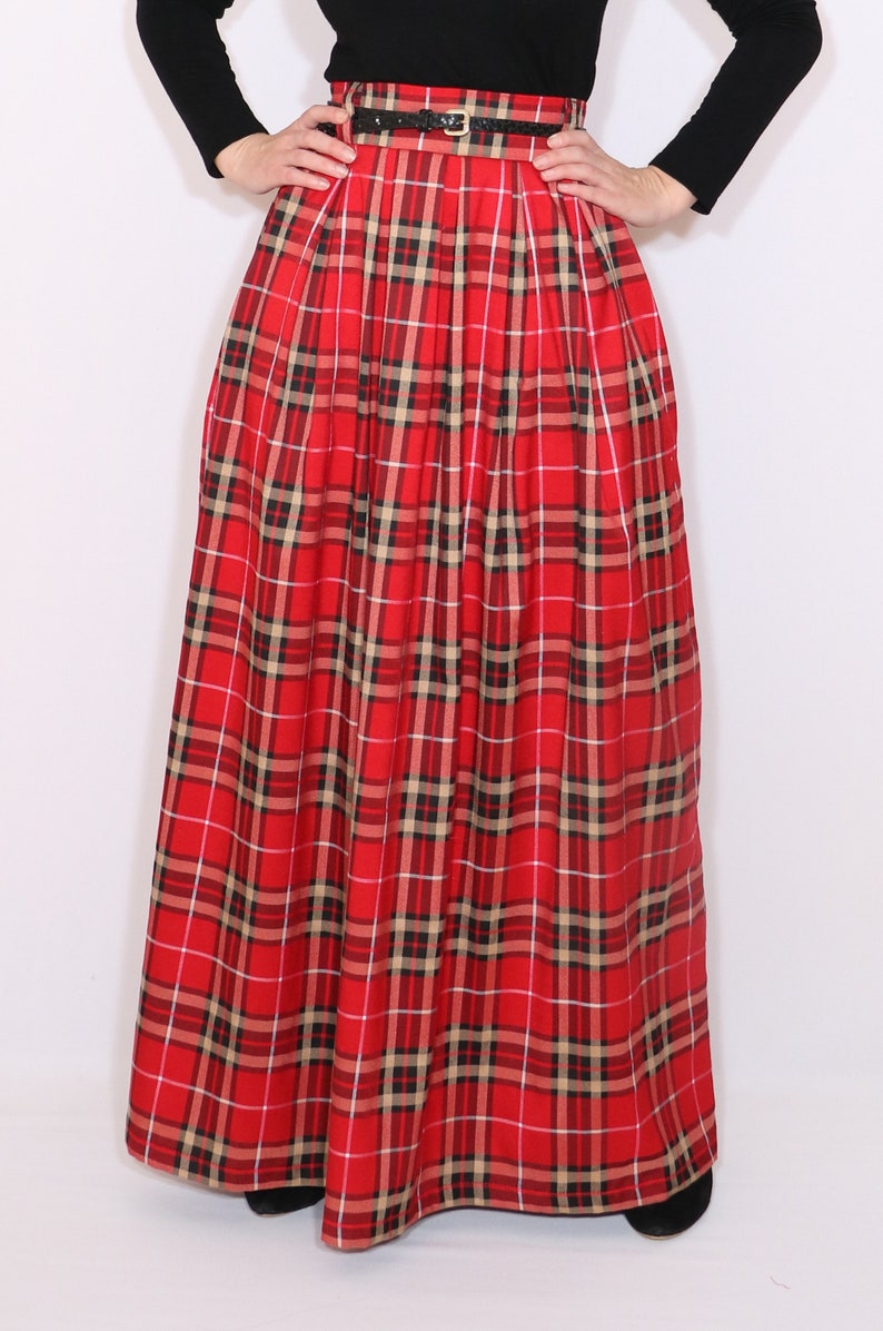Red long plaid skirt with pockets red tartan skirt red maxi Etsy
