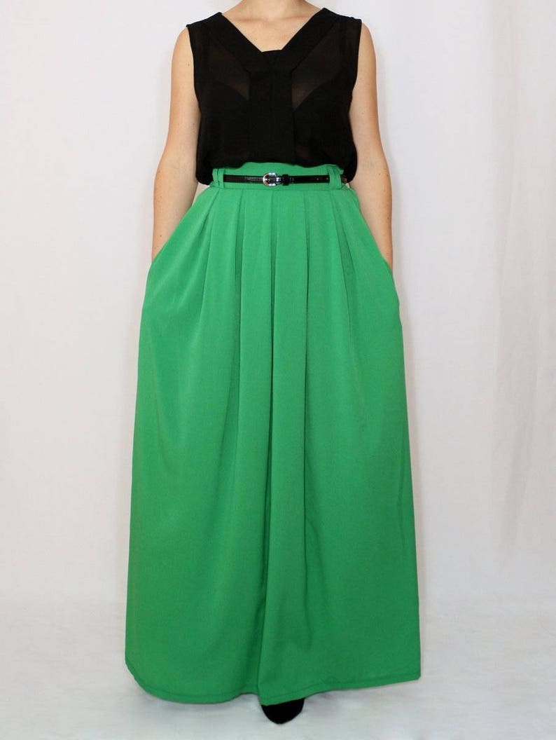 Green Pleat Maxi Skirt With Pockets Long Chiffon Skirt High Etsy