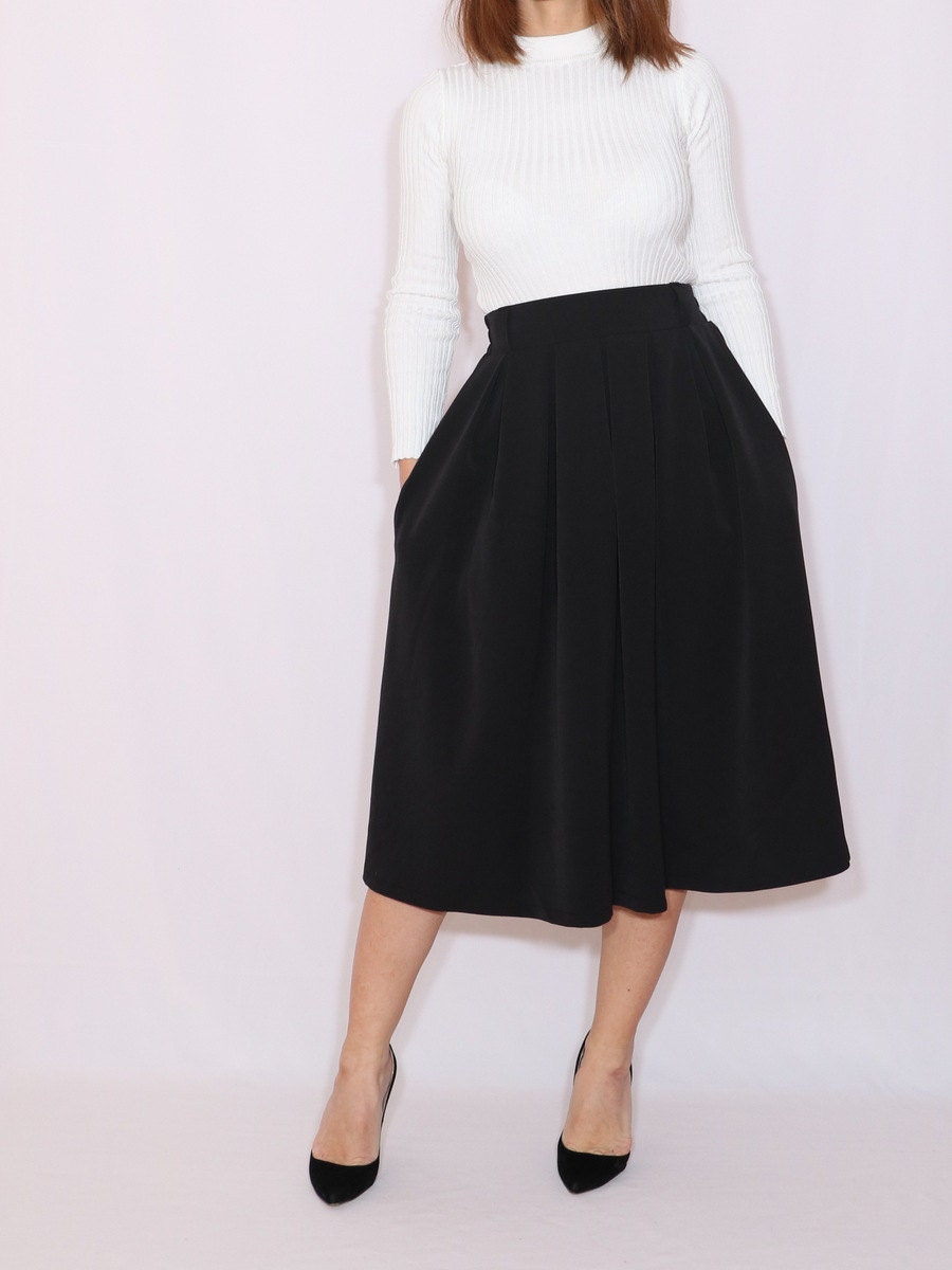 Black wool midi skirt with pockets A line skirt pleat skirt Etsy