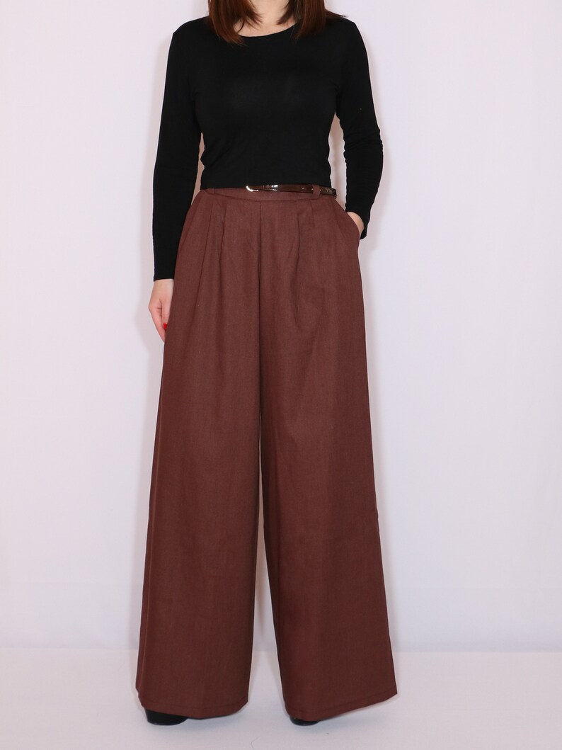 Taupe linen pants with pockets wide leg pants brown pants Etsy