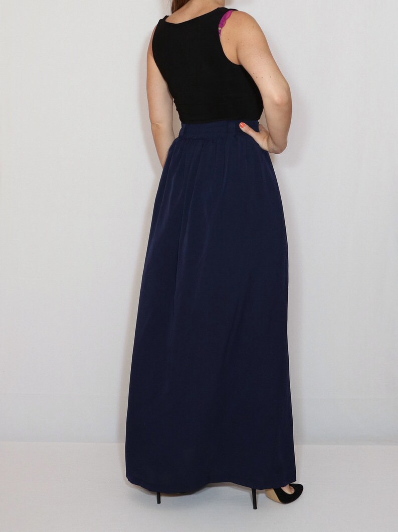Navy blue chiffon maxi skirt with pockets high waist skirt Etsy