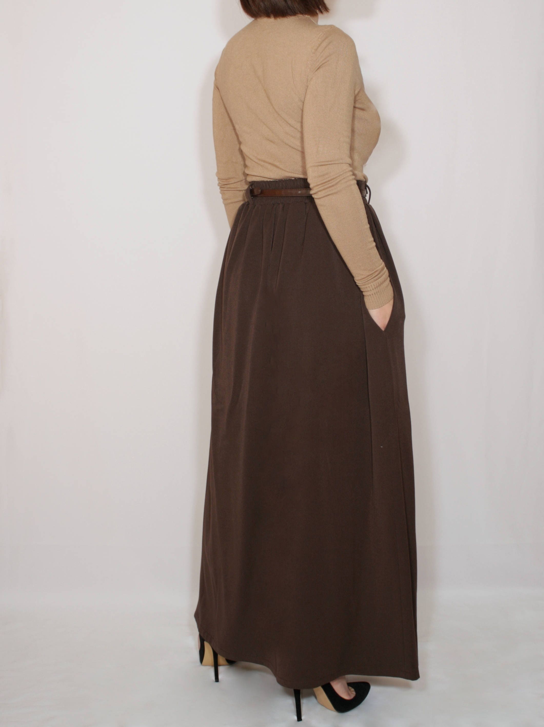 Brown long skirt with pockets maxi skirt high waist skirt Etsy