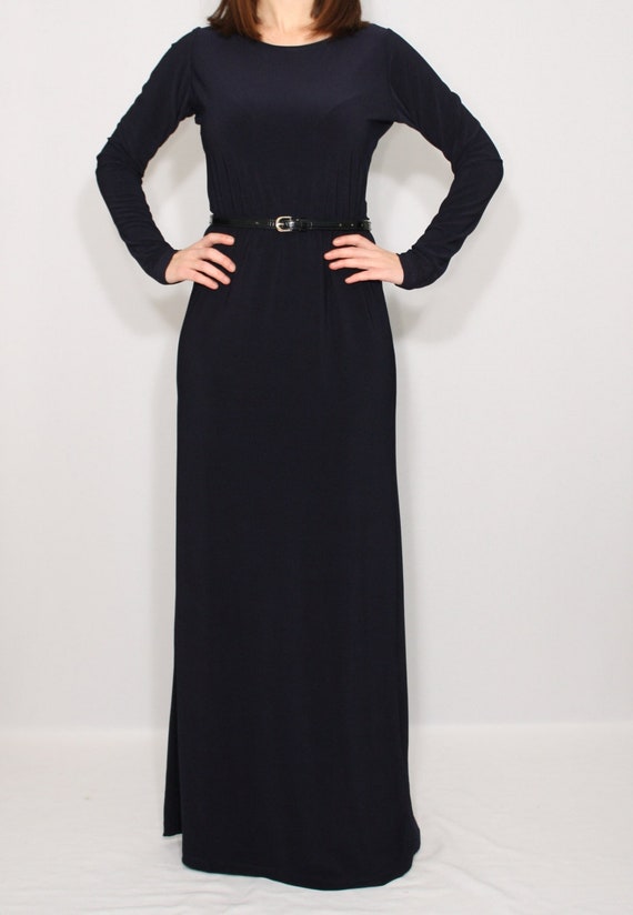 Women maxi dress Navy dress Long sleeve dress Round neck dress Etsy