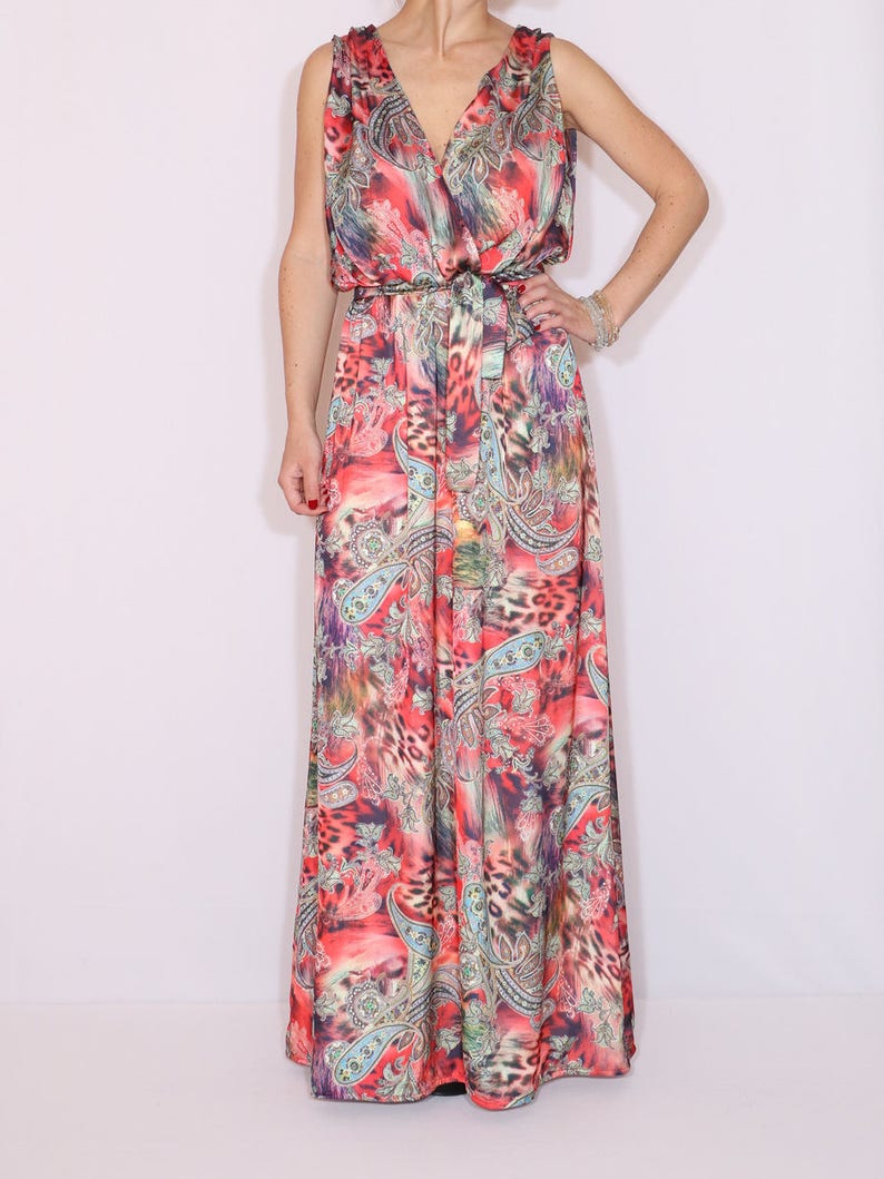 Paisley maxi dress Satin dress Long maxi dress Prom dress with belt