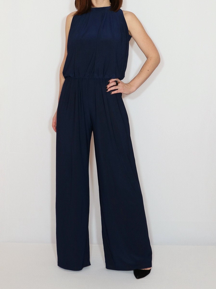 Navy blue wide leg jumpsuit sexy jumpsuit with halter top | Etsy