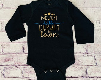 Cute Infant "Newest Little Deputy in Town" onesie Bodysuit t-shirt Law Enforcement Sheriff Baby