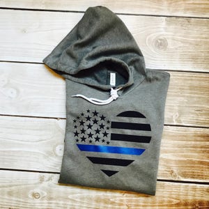 Thin Blue Line Heart Hooded Sweatshirt Also Red Line Gold Line Green Line image 2