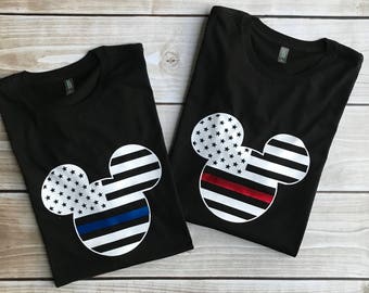 Thin Blue Line Tee Disney Family with Minnie or Mickey -also Thin Red Line