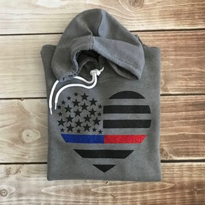 Thin Blue Line Heart Hooded Sweatshirt Also Red Line Gold Line Green Line image 3