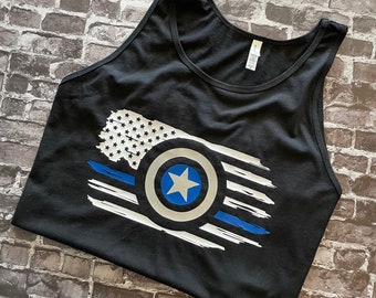 Captain America Shield Thin Blue Line Tees and Tanks - Red Line Also