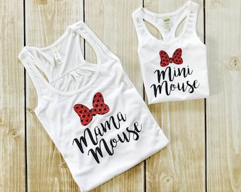 Matching Design Mommy & Daughter Mama Mouse Tank or Shirt w/Purchase option for Mini Mouse, Daddy, Brother, Any Mouse wording -White Tops