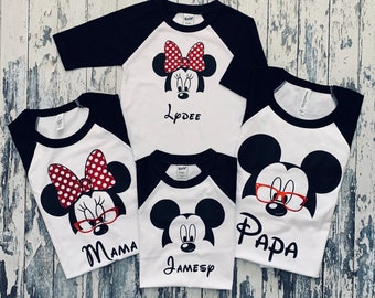 Family Vacation Mouse Raglan Tee Mickey or Minnie Inspired with Glitter Bow! Family Disney Day 3/4 Sleeve T-Shirts White with Black Sleeves