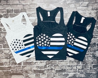 Thin Blue Line Flag Heart Racer Back Tank