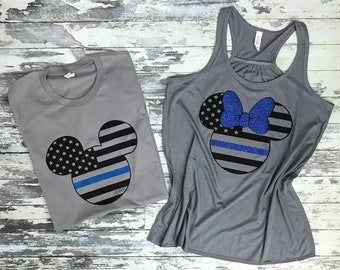 Thin Blue Line Minnie or Mickey Racer Back Tank Red Line Family T-Shirt in Storm Gray