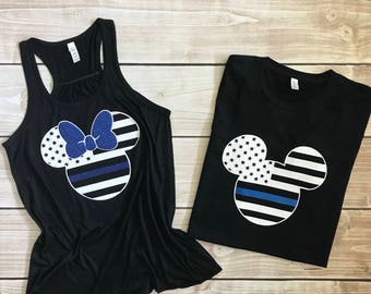 Thin Blue Line Minnie or Mickey Racer Back Top Red Line Family Tank or T-Shirt in Black