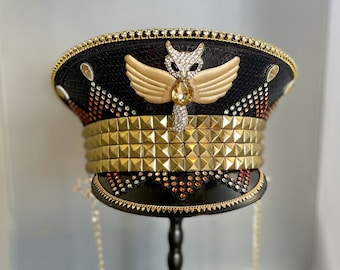 Burning Man, Captain Hat: Gold Angel Fox, Military, soldier, embellished Officer's hat - festival headpiece