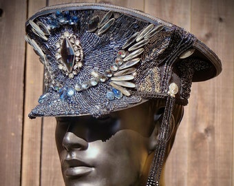 Beaded Burning Man Captain Hat, Hematite Gray Blue Crystal  display picture 3