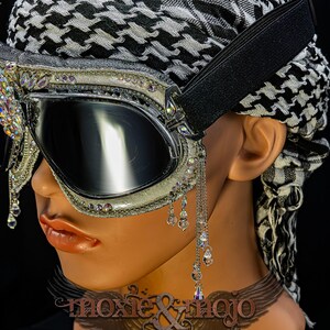 Burning Man Goggles. "Diamond Drops". Bedazzled UV dust protection eyewar. Unique Embellished Festival. Aviator Steampunk. image 5