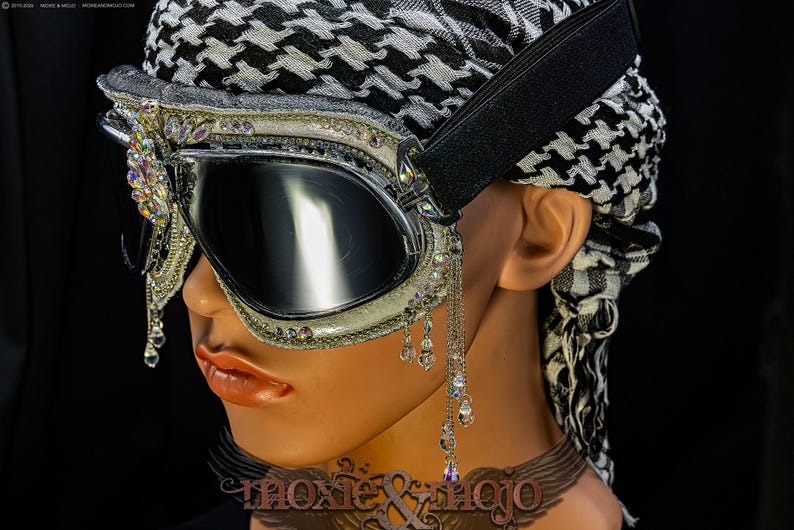 Burning Man Goggles. "Diamond Drops". Bedazzled UV dust protection eyewar. Unique Embellished Festival. Aviator Steampunk. image 5