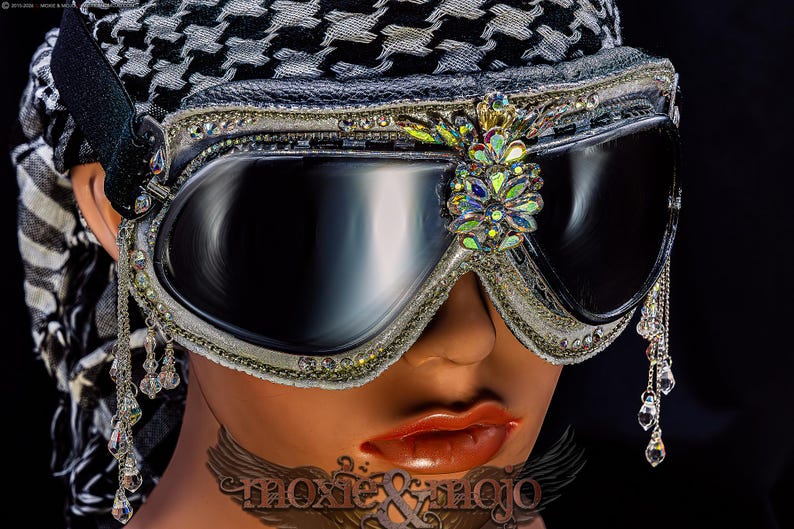 Burning Man Goggles. "Diamond Drops". Bedazzled UV dust protection eyewar. Unique Embellished Festival. Aviator Steampunk. image 3