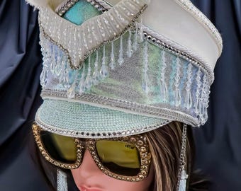 Festival Headpiece, Marching Band Hat: "The Zenoni" white & light blue.  Embellished. Burning Man.