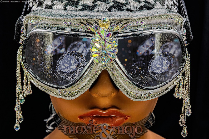 Burning Man Goggles. "Diamond Drops". Bedazzled UV dust protection eyewar. Unique Embellished Festival. Aviator Steampunk. image 2