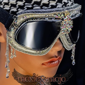 Burning Man Goggles. "Diamond Drops". Bedazzled UV dust protection eyewar. Unique Embellished Festival. Aviator Steampunk. image 7