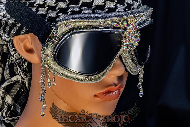 Burning Man Goggles. "Diamond Drops". Bedazzled UV dust protection eyewar. Unique Embellished Festival. Aviator Steampunk. image 7