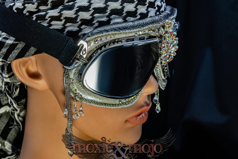 Burning Man Goggles. "Diamond Drops". Bedazzled UV dust protection eyewar. Unique Embellished Festival. Aviator Steampunk. image 8