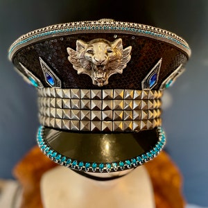 Burning Man, Kapitänshut: Blauer Kristall, Löwe, Militär, Soldat, verzierter Offiziershut – Festival-Kopfbedeckung