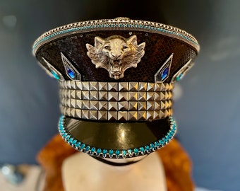 Burning Man, Captain Hat: Blue Crystal, Lion, Military, soldier, embellished Officer's hat - festival headpiece