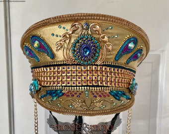 Gold Captain's Hat: Peacock Burning Man Festival Military Cap