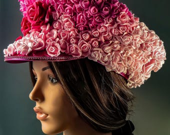 Pink Captain Hat:  Roses, Military soldier embellished Officer's hat - Burning Man, festival headpiece