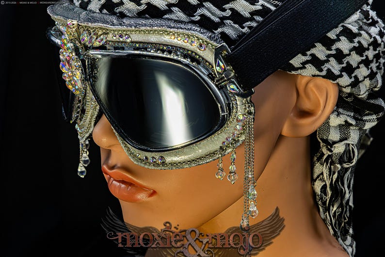 Burning Man Goggles. "Diamond Drops". Bedazzled UV dust protection eyewar. Unique Embellished Festival. Aviator Steampunk. image 6