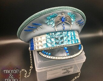 Burning Man Captain Hat, Blue Wool Military Style, Embellished Gem Eagle (57cm)