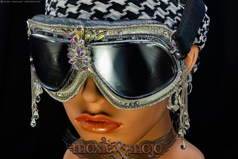 Burning Man Goggles. "Diamond Drops". Bedazzled UV dust protection eyewar. Unique Embellished Festival. Aviator Steampunk. image 4
