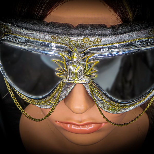 Burning Man Goggles.  Buddha, Lotus Flower, Watch Gears. Steampunk eye protection